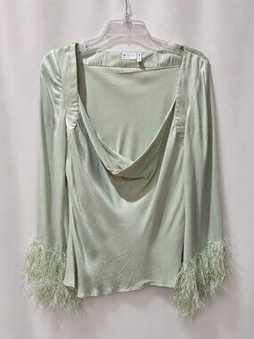 ASOS DESIGN Sage Green Cowl Neck Statement Fringe Cuff Blouse Size US 10